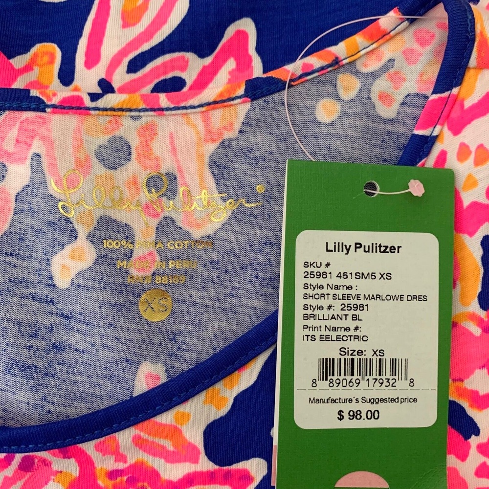 NWT Lilly Pulitzer Marlowe Tee T-Shirt Dress It's Eelectric XS 0 2 Blue Coral - Picture 4 of 5